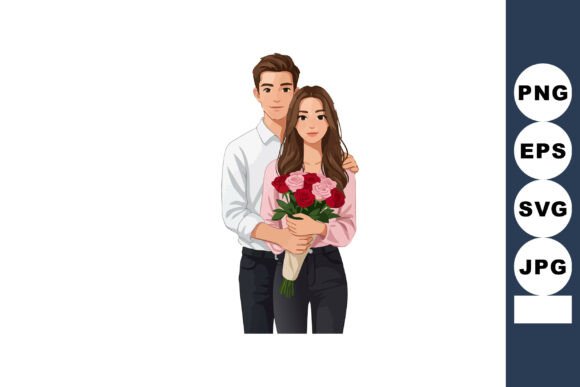 Couple Holding Bouquet of Red Roses Roma Graphics & Illustrations