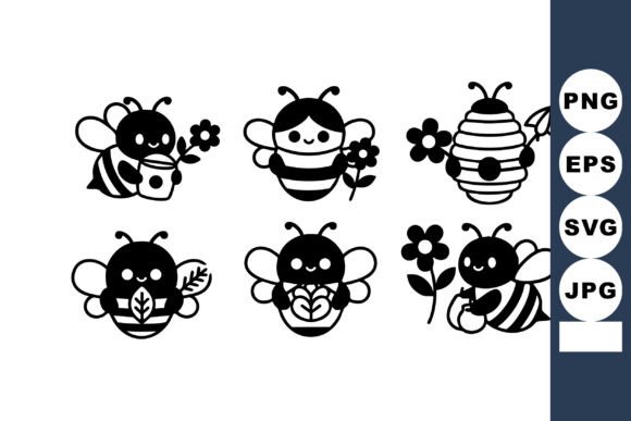 Cute Cartoon Bees Carrying Flowers and L: Graphics & Illustrations