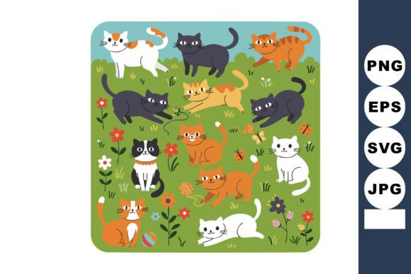 Cute Cats Playing in Garden with Flowers: Graphics & Illustrations