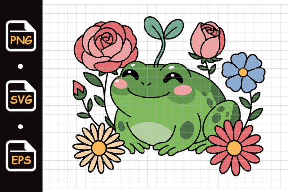Cute Frog with Flowers Cartoon: Graphics & Illustrations