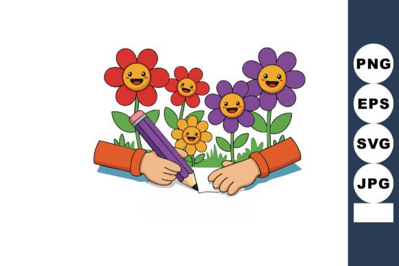 Happy Colorful Smiling Flowers Drawing W Graphics & Illustrations