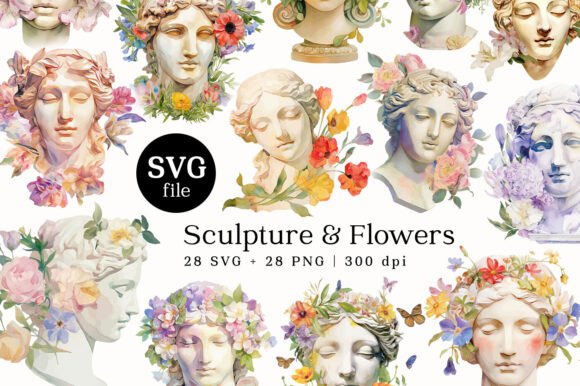 Serene Sculpture and Flowers: Graphics & Illustrations