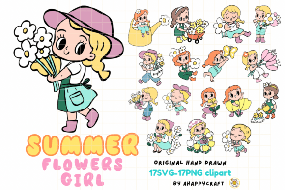 Summer Flowers Girl Cartoon SVG and PNG Graphics