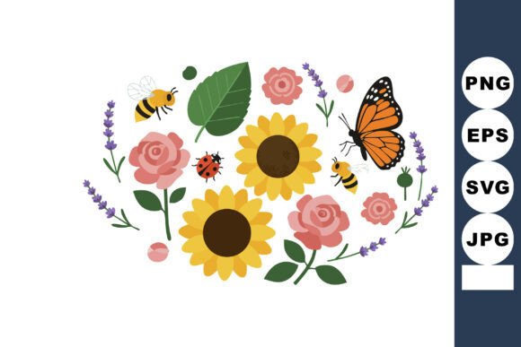 Sunflowers Pink Roses Lavender Flowers B: Graphics & Illustrations