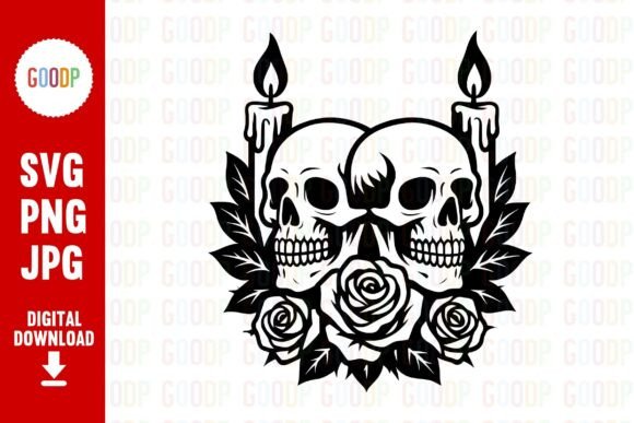 Twin Skulls Roses Candles SVG: Bold Graphics & Illustrations