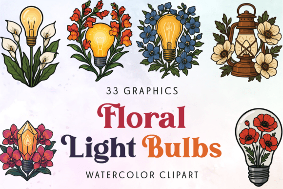 Watercolor Light Bulbs with Flowers: Graphics & Illustrations
