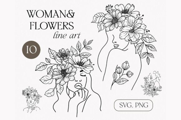 Woman and Flowers Face Line Art: Graphics & Illustrations