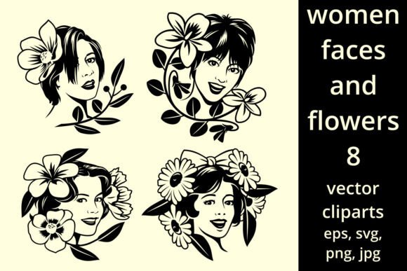 Women Faces with Flowers Around: Graphics & Illustrations